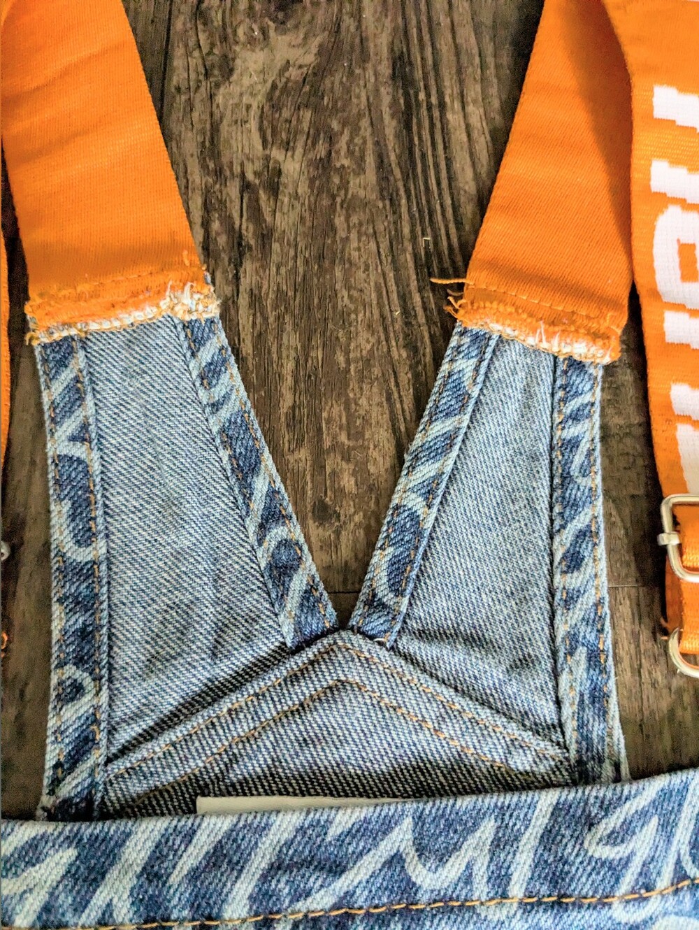 FUBU Logo Print Denim Overalls Blue Orange 2022 F21 Collab - Picture 5 of 14